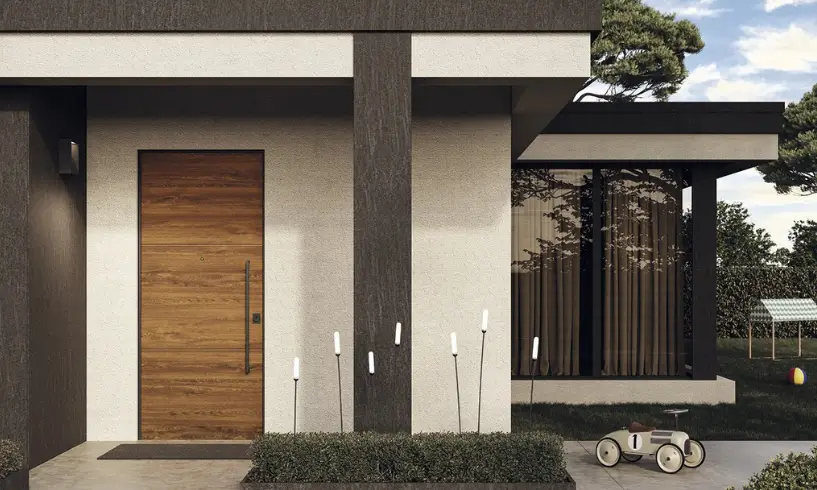 porta blindata da esterno a risparmio energetico colore legno di rovere in stile moderno corona serramenti