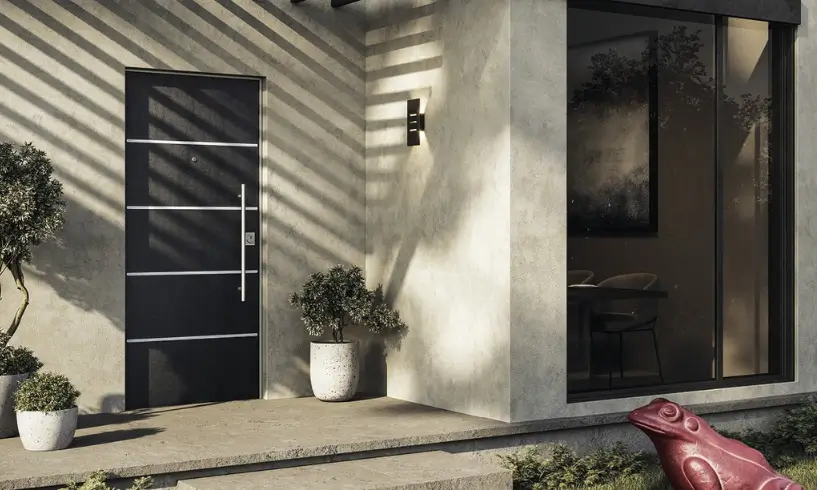 porta blindata da esterno a risparmio energetico colore nera con 4 listelli in alluminio in stile moderno corona serramenti